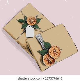 Hand drawn gift box vector illustration. Craft paper, dried orange slice, green leaves, rope, label.