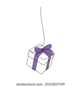 Hand drawn gift box with violet ribbon bow vector icon. Christmas line continuous drawing. Festive illustration, print, banner, greeting card, poster, symbol, ornament, holiday decor, birthday present