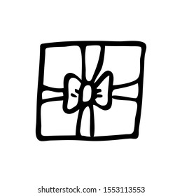 Hand drawn gift box, wrap. Top view. 
Ribbon and Bow. Black outlines on a white background. Vector illustration