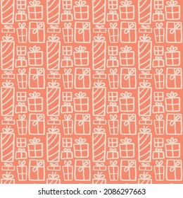 hand drawn gift boxes with bows festive christmas seamless pattern soft orange and beige color