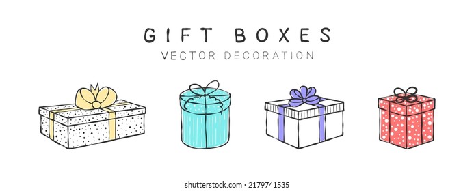 Hand drawn gift boxes with different textures. Drawings decor elements. Vector illustration