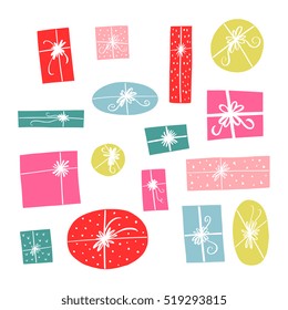 hand drawn gift boxes of different shapes and sizes isolated on background.Top view.