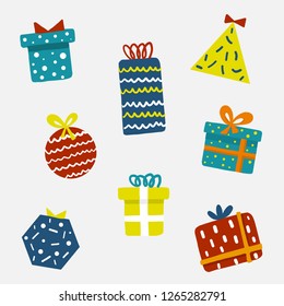 Hand drawn gift boxes with doodle style sketch, cute colorful drawing on white background for party, celebrate and decoration. Set of simple design elements, Vector illustation.
