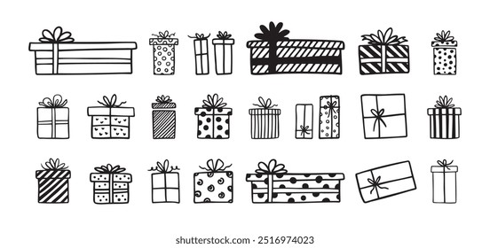 Hand drawn gift boxes doodle outline set. Present box. Vector illustration