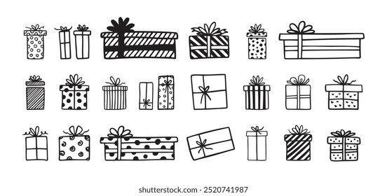 Hand drawn gift boxes doodle outline set. Present box. Vector illustration