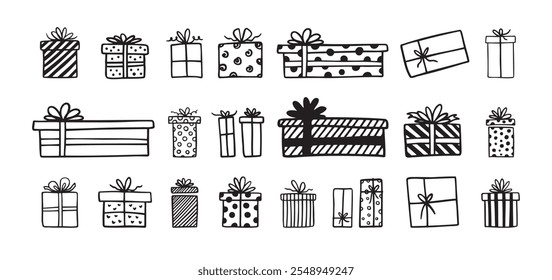 Hand drawn gift boxes doodle outline set. Present box. Vector illustration