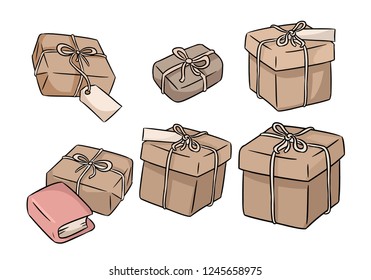 Hand drawn gift boxes doodles set. Vector illustration