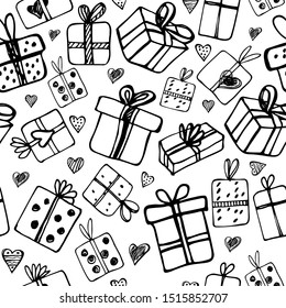 hand drawn gift boxes in graphic style on a seamless background for use in design, packaging, postcards, textiles, coloring anti stress