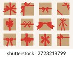 Hand drawn gift boxes illustration set in flat vector style, top view. Simple square present boxes with different ribbon wrapping and bow shapes. Perfect for holidays, celebrations, packaging, cards and wrapping paper.
