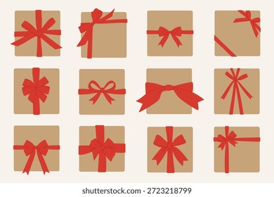 Conjunto de ilustración de cajas de regalo dibujadas a mano en estilo de Vector plano, vista superior. Cajas cuadradas simples presentes con diferentes envolturas de cinta y Formas de arco. Perfecto para fiestas, celebraciones, embalajes, tarjetas y papel de regalo.