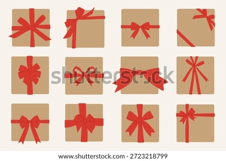 Hand drawn gift boxes illustration set in flat vector style, top view. Simple square present boxes with different ribbon wrapping and bow shapes. Perfect for holidays, celebrations, packaging, cards and wrapping paper.