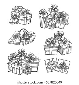 Hand drawn gift boxes isolated on white background. Vector illustration