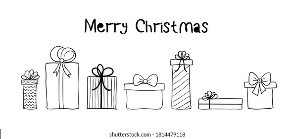Cartel largo de las cajas de regalo dibujadas a mano. Tarjeta de saludo mínima de Navidad vectorial para medios sociales con regalos de doodle