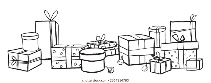 Cajas de regalo dibujadas a mano sobre fondo blanco. Colorido de la página. Vector EPS 10 vector 