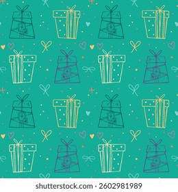 Hand drawn gift boxes on green background. Seamless vector background in doodle style