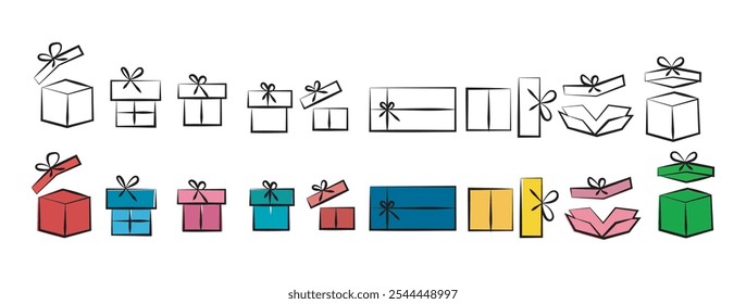 Hand drawn gift boxes with ribbon bow. Set of presents in black one line. Holiday doodle icons for birthday, New year, Christmas, wedding. Celebration concept in minimalism design