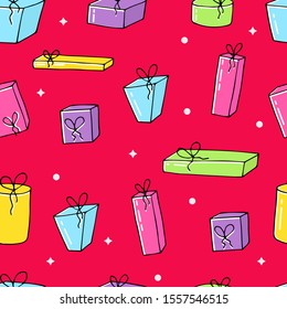 Hand drawn gift boxes seamless. Kids cute presents pattern. Greeting vector background.