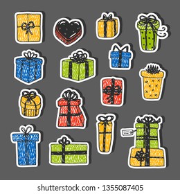 Hand drawn gift boxes set vector sticker set