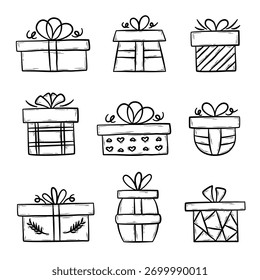 Conjunto de cajas de regalo dibujadas a mano. Festiva presenta, Elementos de diseño para fiesta, celebración. Ilustración vectorial plana en estilo doodle.