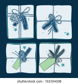 Hand drawn gift boxes set.
Christmas and New Year greeting, invitation or banner template.
Isolated vector design.