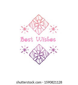 Hand drawn gift boxes and snowflakes with handwritten text isolated on white background. Inscription: Best wishes