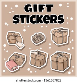 Hand drawn gift boxes stickers set. Cartoon doodles