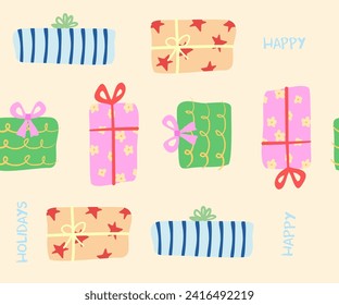 Hand drawn gift boxes with texts, with colorful gift wrapping paper.