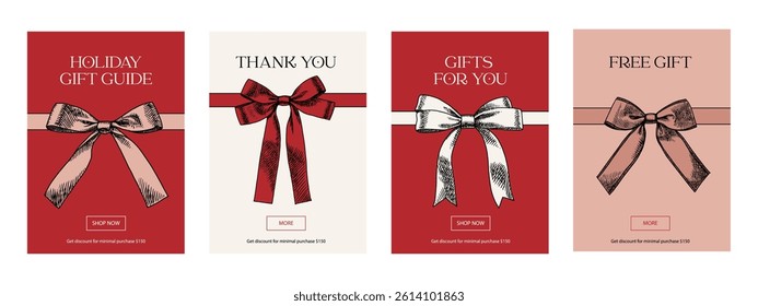 Hand drawn gift cards with vintage bow. Ideal for promo banners, boutique ads, packaging, seasonal campaigns. Sketch vector illustration set. Not AI generation