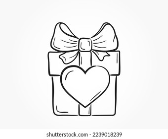 hand drawn gift with heart. love and romantic symbol. sketchy vector element for valentine's day design