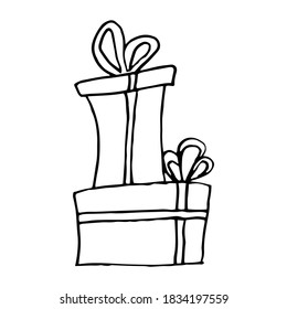 Hand drawn gift icon with bows in cartoon style. Gift wrap. Box doodle icon isolated on white background.