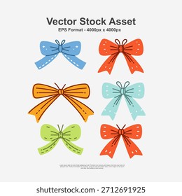 Hand drawn gift knot in pastel red, yellow, blue, and green colors, simple doodle vector illustration in EPS format, cute decorative ribbon design.