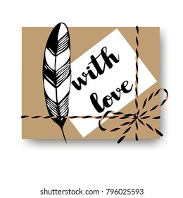 Hand drawn gift present box with tied string bow, feather and "with love" text. Wrapping diy idea. Vector illustration