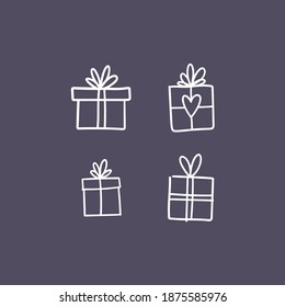Hand drawn gifts collection. Present box with ribbons. Doodle illustrations. Christmas gift symbols.