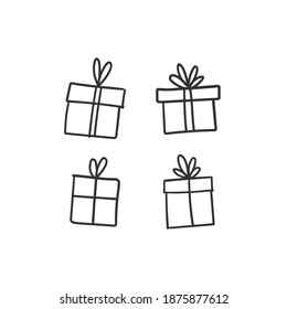 Hand drawn gifts collection. Present box with ribbons. Doodle illustrations. Christmas gift symbols.