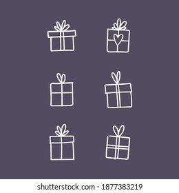 Hand drawn gifts collection. Present box with ribbons. Doodle illustrations. Christmas gift symbols.
