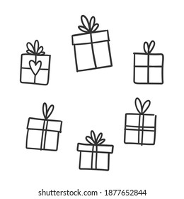 Hand drawn gifts collection. Present box with ribbons. Doodle illustrations. Christmas gift symbols.