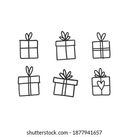 Hand drawn gifts collection. Present box with ribbons. Doodle illustrations. Christmas gift symbols.