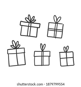 Hand Drawn Gifts Collection. Present Box With Ribbons. Doodle Illustrations. Christmas Gift Symbols.