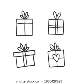 Collection de cadeaux dessinés à la main. Présenter une boîte avec des rubans. Illustrations de gribouillages. Symboles cadeaux de Noël.