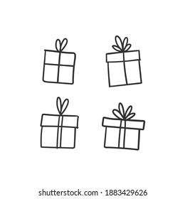 Hand drawn gifts collection. Present box with ribbons. Doodle illustrations. Christmas gift symbols.