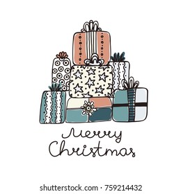 Hand drawn gifts isolated on white. Merry Christmas. Winter holiday. Artistic background with presents. Creative design. Can be used for card, invitation, thank you message, postcard. Vector, eps10