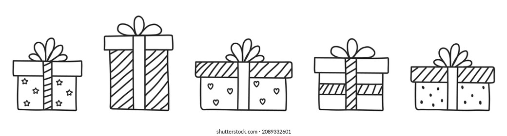 Hand drawn gifts. A set of gift boxes wrapped in paper and tied with a ribbon. Presents for birthday or any other celebration. Doodle style. Vector illustration
