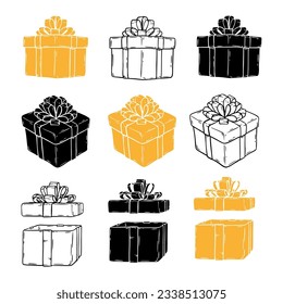 Hand drawn gifts silhouette collection. Doodle illustrations present box with ribbons. Christmas gift symbols isolated on white