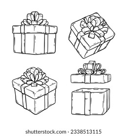 Hand drawn gifts silhouette collection. Doodle illustrations present box with ribbons. Christmas gift symbols isolated on white