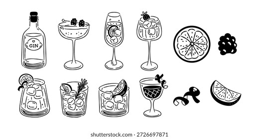 Handgezeichnetes Gin-Cocktail-Set mit Flaschen, Gläsern und Garnierungen. Schwarze Tinte doodle Stil einzeln auf weißem Hintergrund.