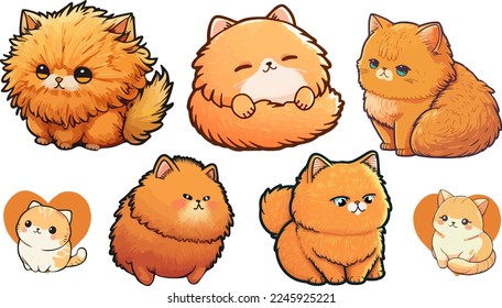 Hand drawn Ginger cats set collection isolated on white background. Red cats and kittens with hearts. Vector.