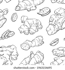 Hand drawn Ginger seamless pattern. Vintage Ginger roots pattern. Stylish ink vector illustration. Endless texture. Botanical background