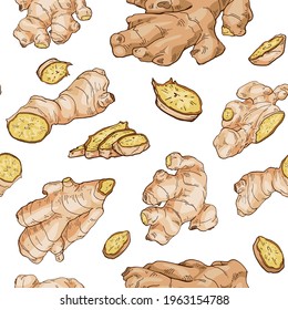 Hand drawn Ginger seamless pattern. Vintage Ginger roots pattern. Stylish colorful vector illustration. Endless texture. Botanical background