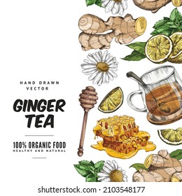 Hand drawn ginger tea social media poster template, sketch vector illustration on white background. Fresh ginger root, lemon, honey and chamomile flower seamless banner for label or package design.