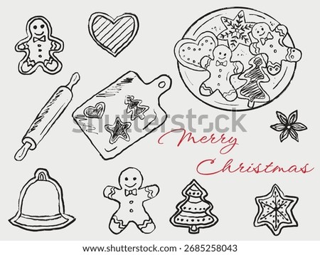 Hand drawn gingerbread cookies. Rolling pin, plate with cookies in the shape of man, christmas tree, star, heart, bell. Vector sketch illustration in vintage crayon charcoal style. Bakery, cooking